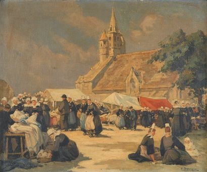 Henri Alphonse BARNOIN Marché devant Notre Dame de la Joie Huile sur toile, signée...