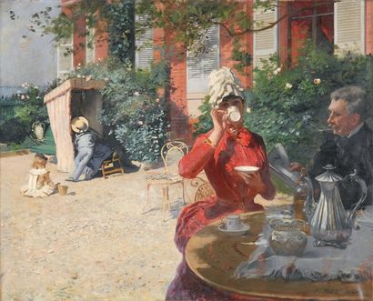 Ernest Ange DUEZ Le déjeuner sur la terrasse, Villerville 1886 Huile sur toile, signée...