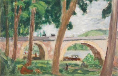 Eugène Antoine DURENNE Le pont à Vernon, 1920 Peinture sur papier marouflé sur toile,...