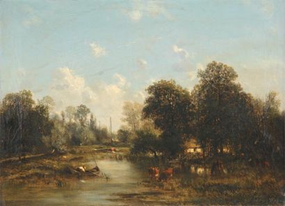 null Paysan à la barque et à l'étang, 1857 Huile sur toile (craquelures), signée...