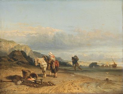 Émile LEMMENS Le retour de pêche, 1854 Huile sur toile rentoilée, signée et datée...