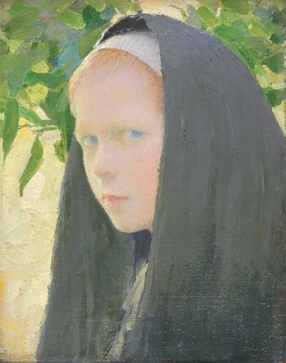 Jozef CHELMONSKI attribué à Jeune femme au voile Huile sur toile, sur le châssis...