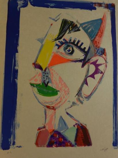 LORJOU Bernard (1908-1986) Tête de clown Lithographie sur papier Japon (petites déchirures...
