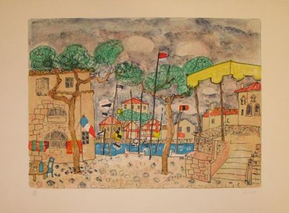 AIZPIRI PAUL, NÉ EN 1919 Terrasses sur le port dans le Midi Lithographie en couleurs...