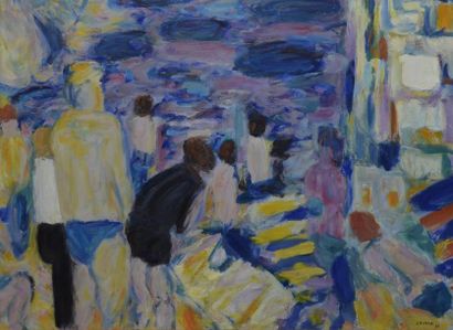 André LAURAN Plage à Cannes, 1958 Huile sur toile, signée et datée en bas à droite,...