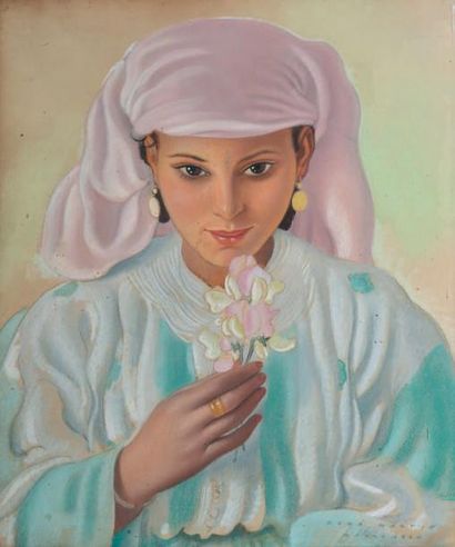 René MARTIN Orientale à la fleur, Marrakech Pastel (quelques frottements), signé...