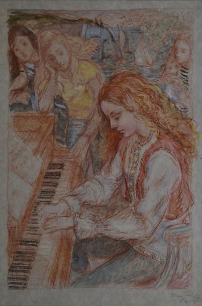 Lucien Philippe MORETTI Le piano à Étretat Sanguine, crayons de couleurs et aquarelle...