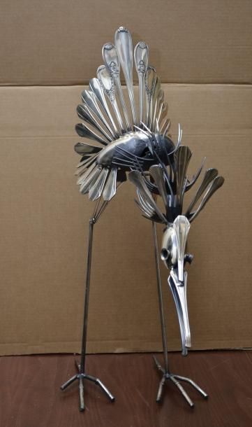 Gérard BOUVIER Le Héron Spoon Sculpture en métal soudé composé de couverts argentés...