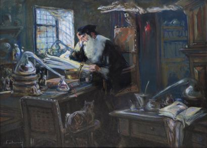 Louis FORTUNEY L'alchimiste dans son cabinet Pastel, signé en bas à gauche. 51 x...