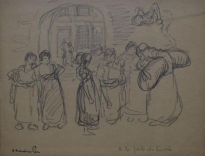 Théophile Alexandre STEINLEN A la porte du lavoir Dessin à la mine de plomb sur papier...