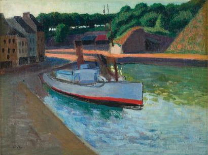 Jean PUY Remorqueur en bord de rivière, circa 1905 Huile sur toile au verso une étude...