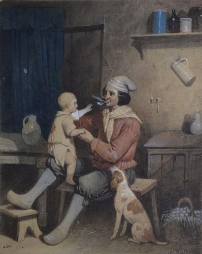 THÉODORE VALERIO Paysan et son fils, 1839 Aquarelle gouachée, signée et datée en...