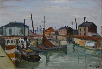 Jacques BOUYSSOU Port normand, 1946 (Port de Honfleur) Huile sur carton, signé et...