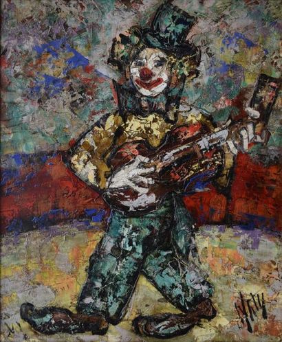 Henry D'ANTY Clown musicien Huile sur toile, signée en bas à droite, signée au dos....