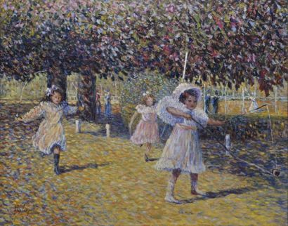 Anna-Maria DE SAEGER Fillettes jouant au parc Huile sur toile marouflée sur panneau,...
