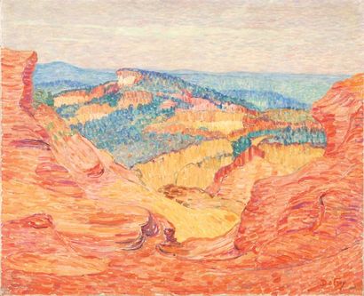 Léon DETROY Paysage aux rochers rouges Huile sur toile, signée en bas à droite, 60x...