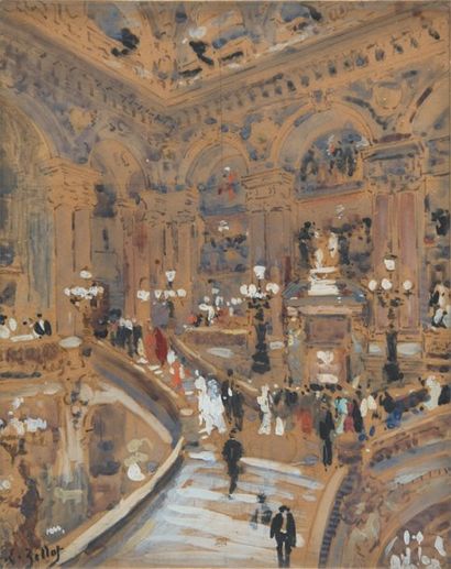 null L'escalier de l'Opéra de Paris Aquarelle gouachée sur papier beige, signé en...