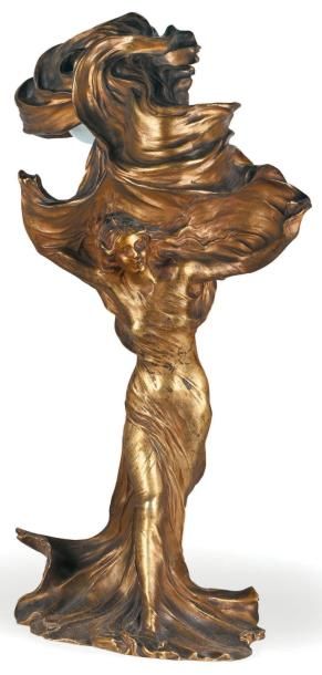 Raoul LARCHE (1860 -1912) "Lampe à deux lumières" Épreuve en bronze doré à patine...