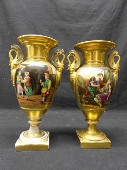 PARIS Paire de vases de forme balustre à décor polychrome sur l'un d'un intérieur...