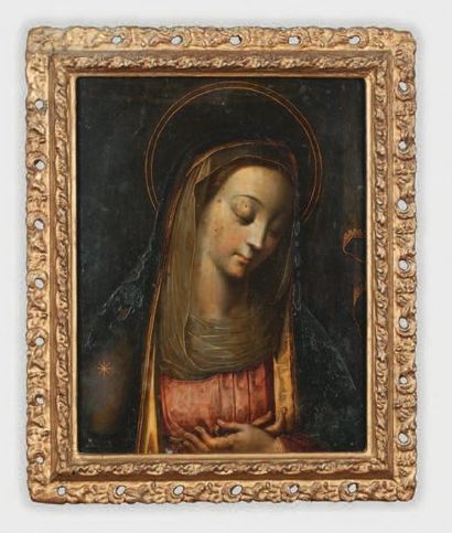 École Flamande du XVIIe siècle La Vierge en prière Huile sur cuivre. (manques; quelques...