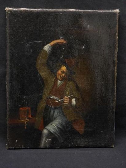 École HOLLANDAISE du XVIIIe siècle Homme à la pipe levant son verre Huile sur toile,...