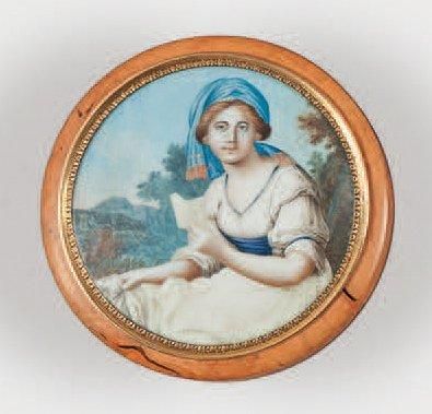 École Française du XIXe siècle Jeune femme en robe Empire blanche coiffée d'un turban...