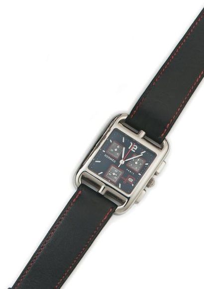 HERMES Tour Auto 2004. Montre d'homme rectangulaire en acier. Cadran noir trois compteurs....