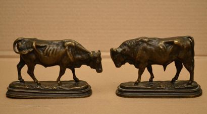 ANONYME, XIXe siecle, ANONYME, XIXe siècle, 
Taureau et vache
Deux bronzes à patine...