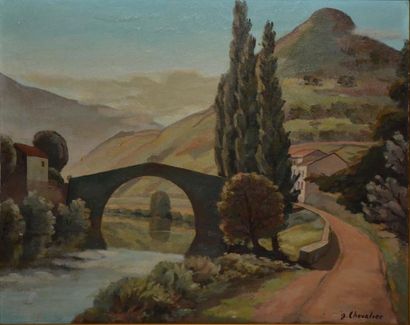CHEVALIER G., XXe siecle CHEVALIER G., XXe siècle
Pont à Bidarray, Pays-Basque
Huile...