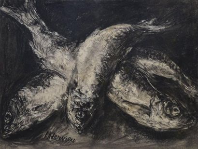 HERVIEU Louise, 1878-1954, HERVIEU Louise, 1878-1954, 
Trois poissons
Fusain, signé...