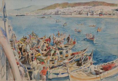 LUNOIS Alexandre, 1863-1916, LUNOIS Alexandre, 1863-1916, 
Barques amarrées en Méditerranée
Aquarelle,...