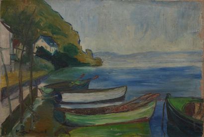MANGEOL Maiten, 1903-2003, MANGEOL Maiten, 1903-2003,
Barques de pêcheurs amarrées
Huile...