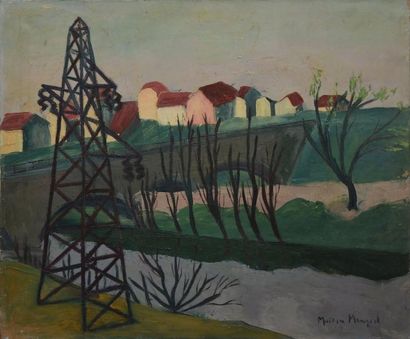 MANGEOL Maiten, 1903-2003, MANGEOL Maiten, 1903-2003,
Pylônes en bord de rivière
Huile...