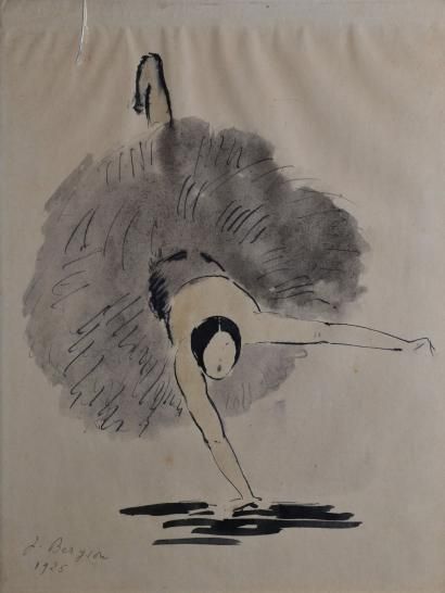 BERGSON Jeanne, 1893-1961 Ballerine penchée, 1925 Plume et lavis d'encre noire (insolation...