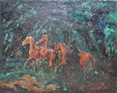 CHAURAND-NAURAC Jean Raoul (1878-1948) Couple de cavaliers en forêt Huile sur toile...