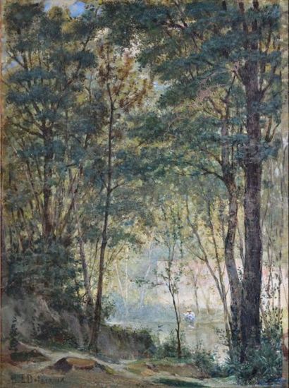 DELACROIX HENRY-EUGÈNE, 1845-1930 Pêcheur en sous-bois Huile sur toile rentoilée...