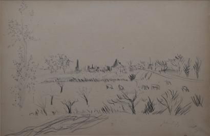 DUFY Jean, 1888-1964 Prairie et village Dessin à la mine de plomb sur papier beige...
