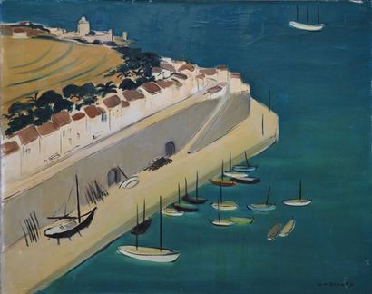 ÉCHARD CHARLES MARCEL, 1915-1958 Ville et bateaux au mouillage Huile sur toile (griffures...