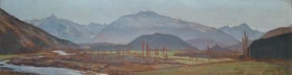 GIRAULT DE NOLHAC Henri, 1884-1948 Rivière dans une plaine aux montagnes Huile sur...