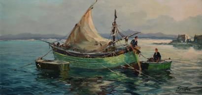 GRIFON ALBERT, 1910-2001 Barque de pêche, Midi Huile sur toile (manques), signée...