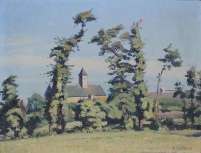 GUILLOUX Charles Victor, 1866-1946 Village derrière les arbres Huile sur carton (griffures),...