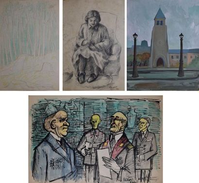 KALAEFF ALEXIS, NÉ EN 1902 Église - Bois - Femmes - etc... Six dessins aux crayons,...