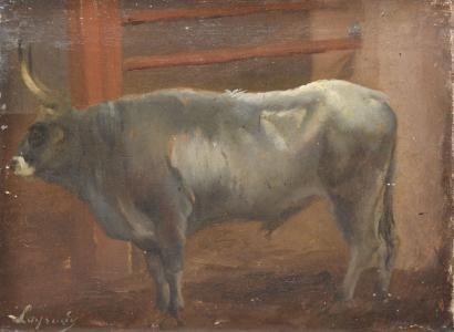 LAYRAUD Joseph Fortuné, 1834-1912 Taureau à l'étable Etude à l'huile sur toile (petits...