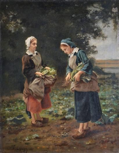 LEPAGE Th., XIX-XXe siècles Paysanne ramassant des salades Huile sur toile (craquelures...