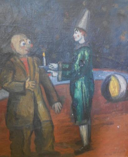 MANGEOL MAITEN, 1903-2003 Les clowns Huile sur toile (petits accidents), signée en...