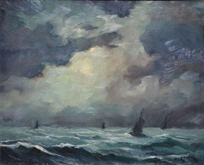 MORTIER Émile, 1892-1977 Voiles par gros temps Huile sur toile (quelques manques),...