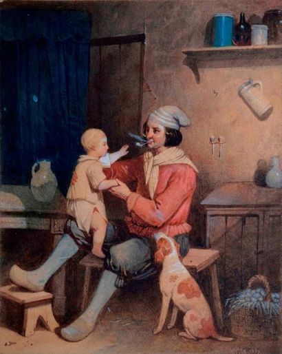 VALERIO THÉODORE, 1819-1879 Paysan et son fils, 1839 Aquarelle gouachée, signée et...