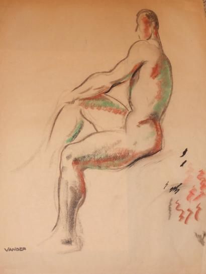 VANBER Albert Voisin, dit (1905-1994) Nu masculin Pastel (plis et déchirures sur...