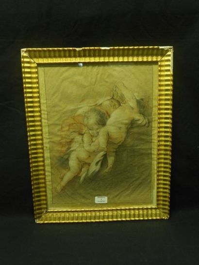 BOUCHER François (École de) (1703 -1770) Trois anges tenant un ruban. Pierre noire,...