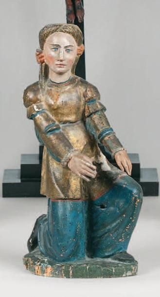 null Femme agenouillée en bois sculpté polychrome et doré du XVIIIe siècle. Elle...